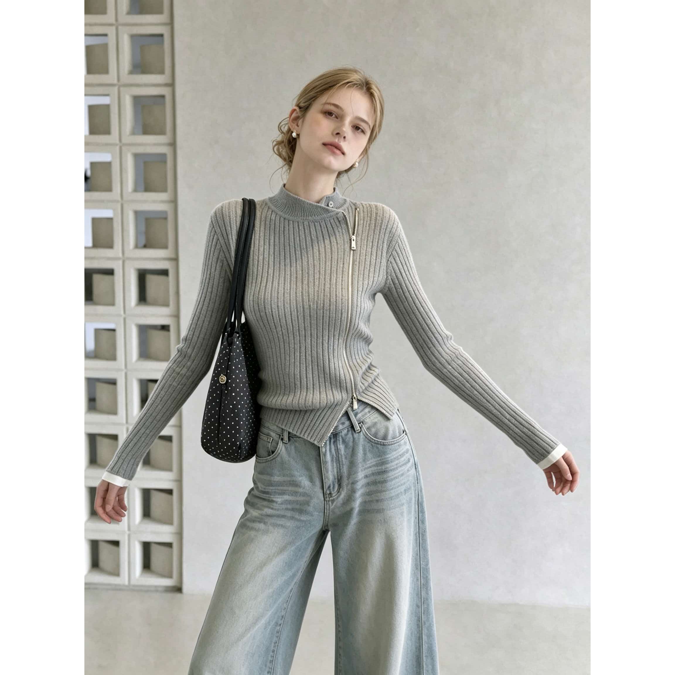 2026 New Autumn Grey Asymmetric Button-Front Fake Two-Piece Knit Sweater for Women