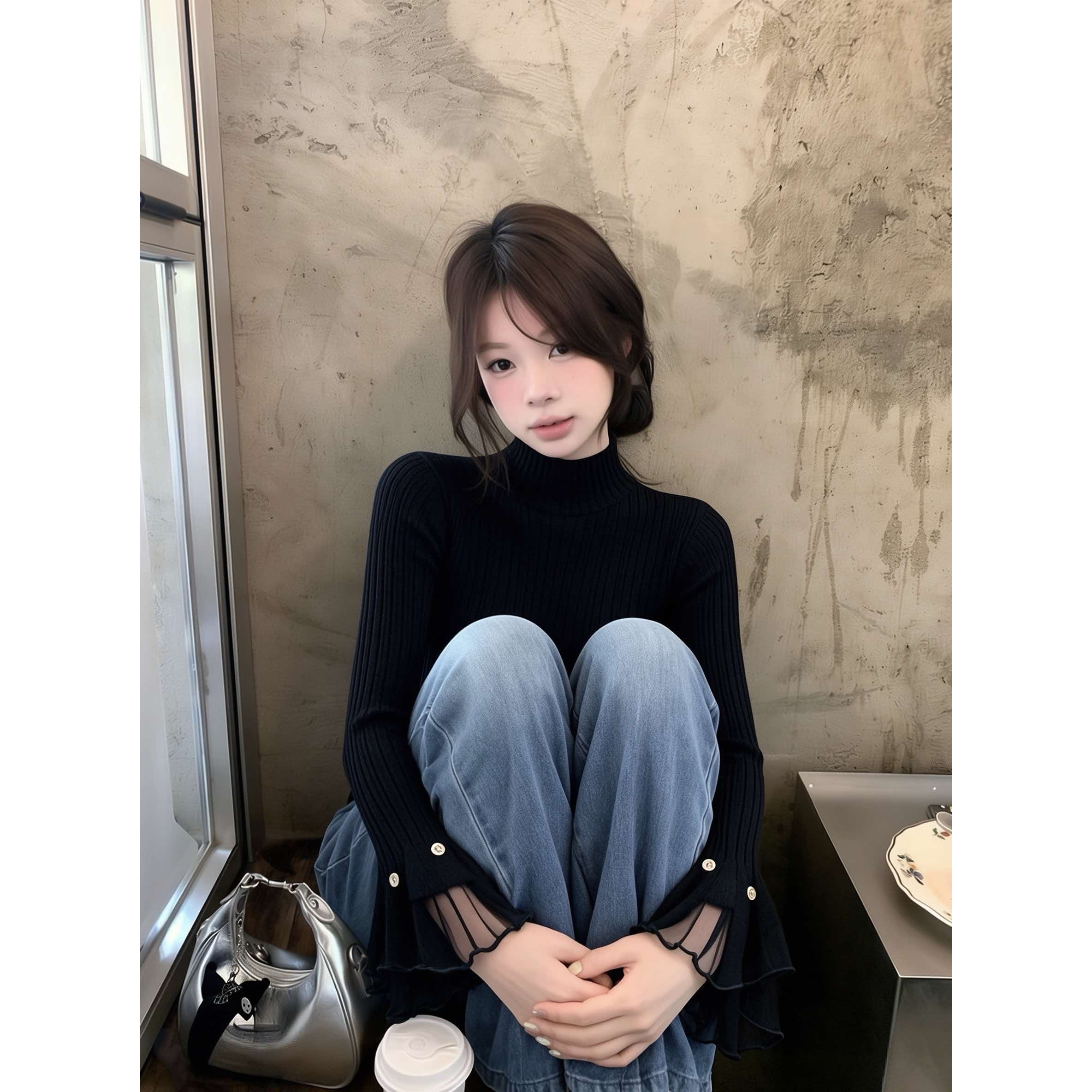 2026 New Black Half Turtleneck Bell Sleeve Slim Fit Knit Sweater Women's Early Autumn Base Layer Top - Image 2
