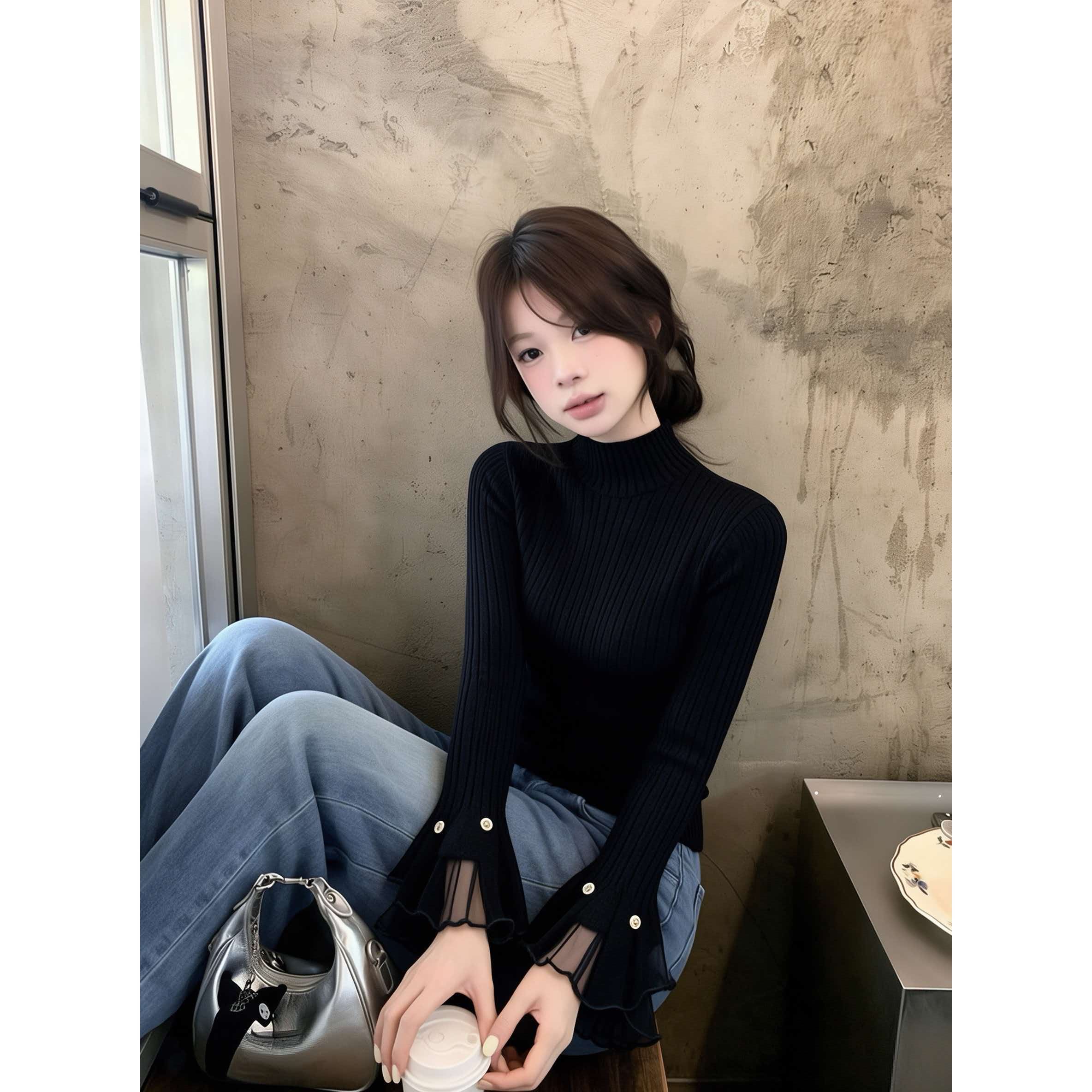 2026 New Black Half Turtleneck Bell Sleeve Slim Fit Knit Sweater Women's Early Autumn Base Layer Top - Image 3