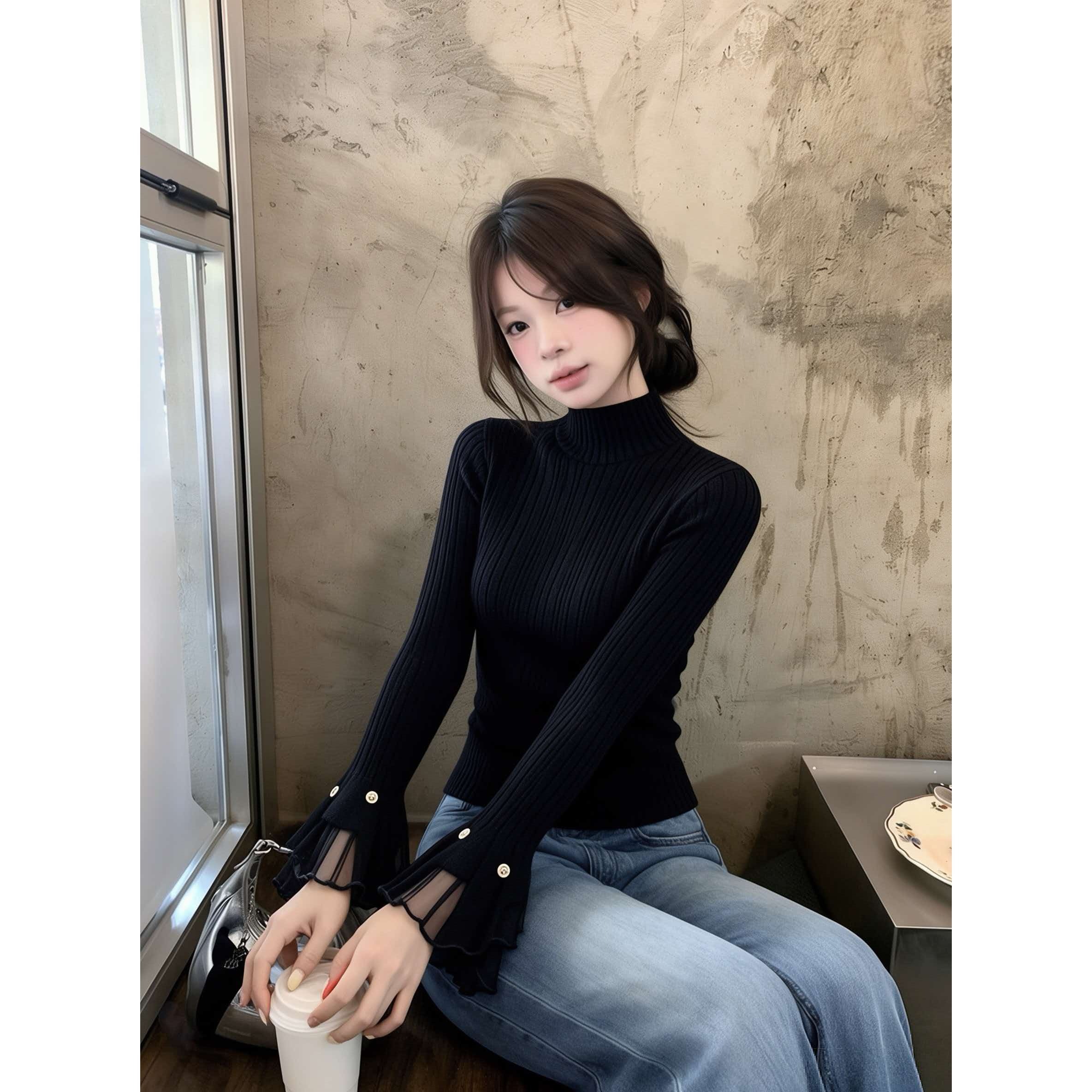 2026 New Black Half Turtleneck Bell Sleeve Slim Fit Knit Sweater Women's Early Autumn Base Layer Top - Image 5