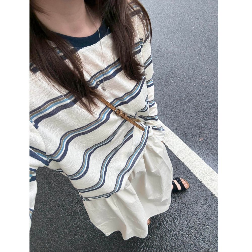 2026 New Color Block Striped Long Sleeve Women's Relaxed Lazy Style Air Conditioning Cover Shirt Loose Top