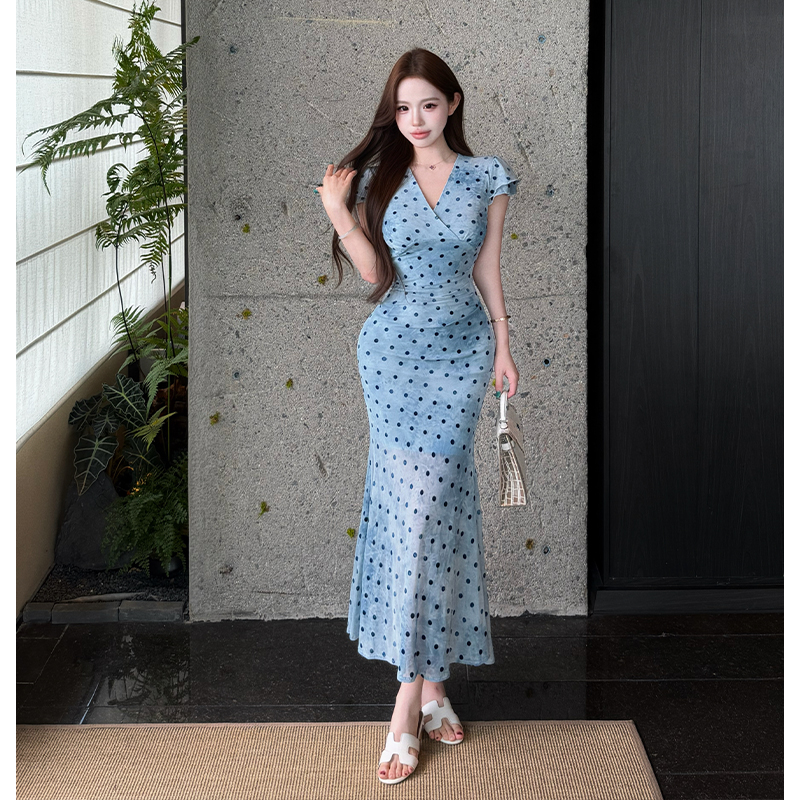 2026 Summer French Style Polka Dot V-Neck Mermaid Dress for Women