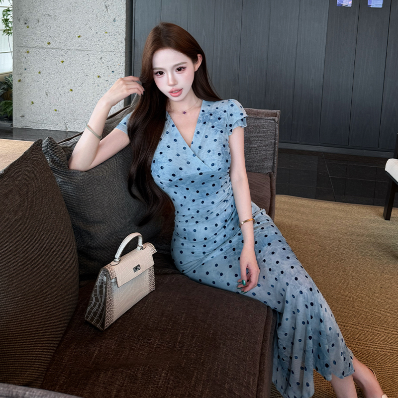 2026 Summer French Style Polka Dot V-Neck Mermaid Dress for Women - Image 2