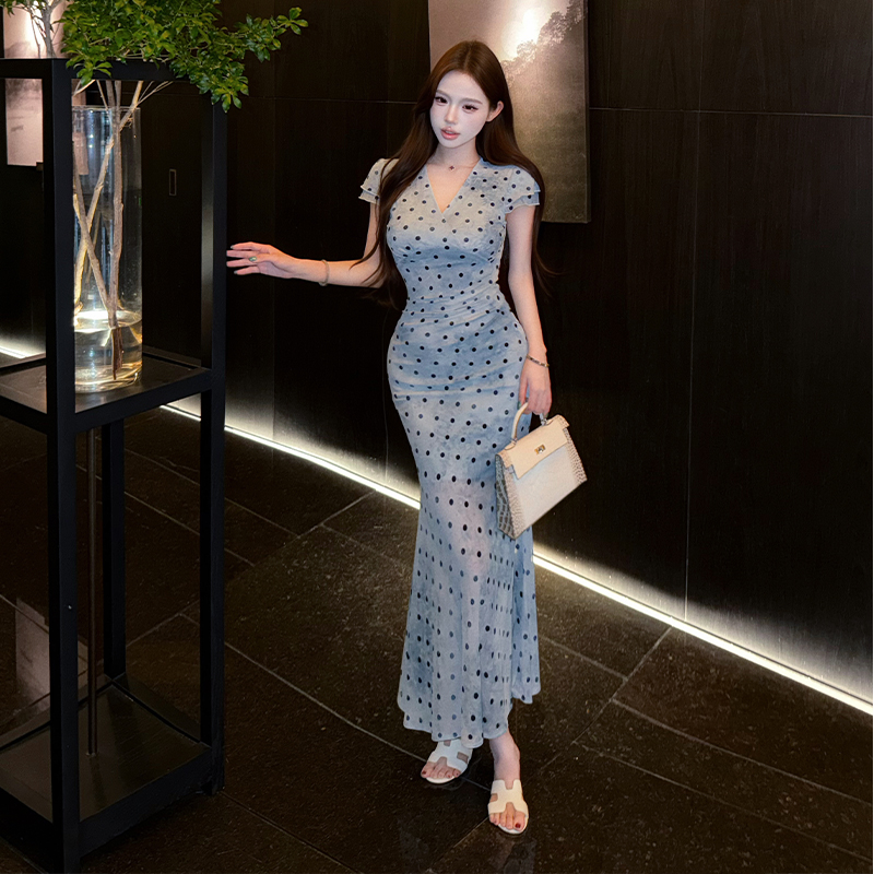 2026 Summer French Style Polka Dot V-Neck Mermaid Dress for Women - Image 3