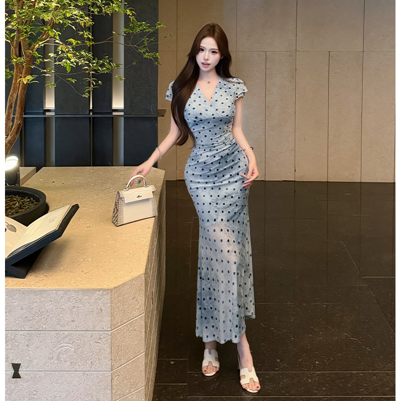 2026 Summer French Style Polka Dot V-Neck Mermaid Dress for Women - Image 5