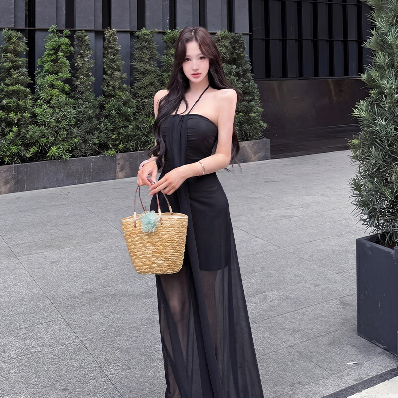 2026 Summer New Fashion Ruched Halter Mesh Dress Women Slimming Pure Desire Style Elegant Long Dress - Image 4