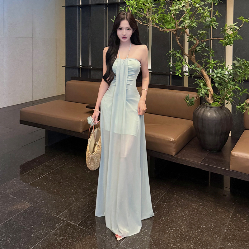 2026 Summer New Fashion Ruched Halter Mesh Dress Women Slimming Pure Desire Style Elegant Long Dress - Image 5