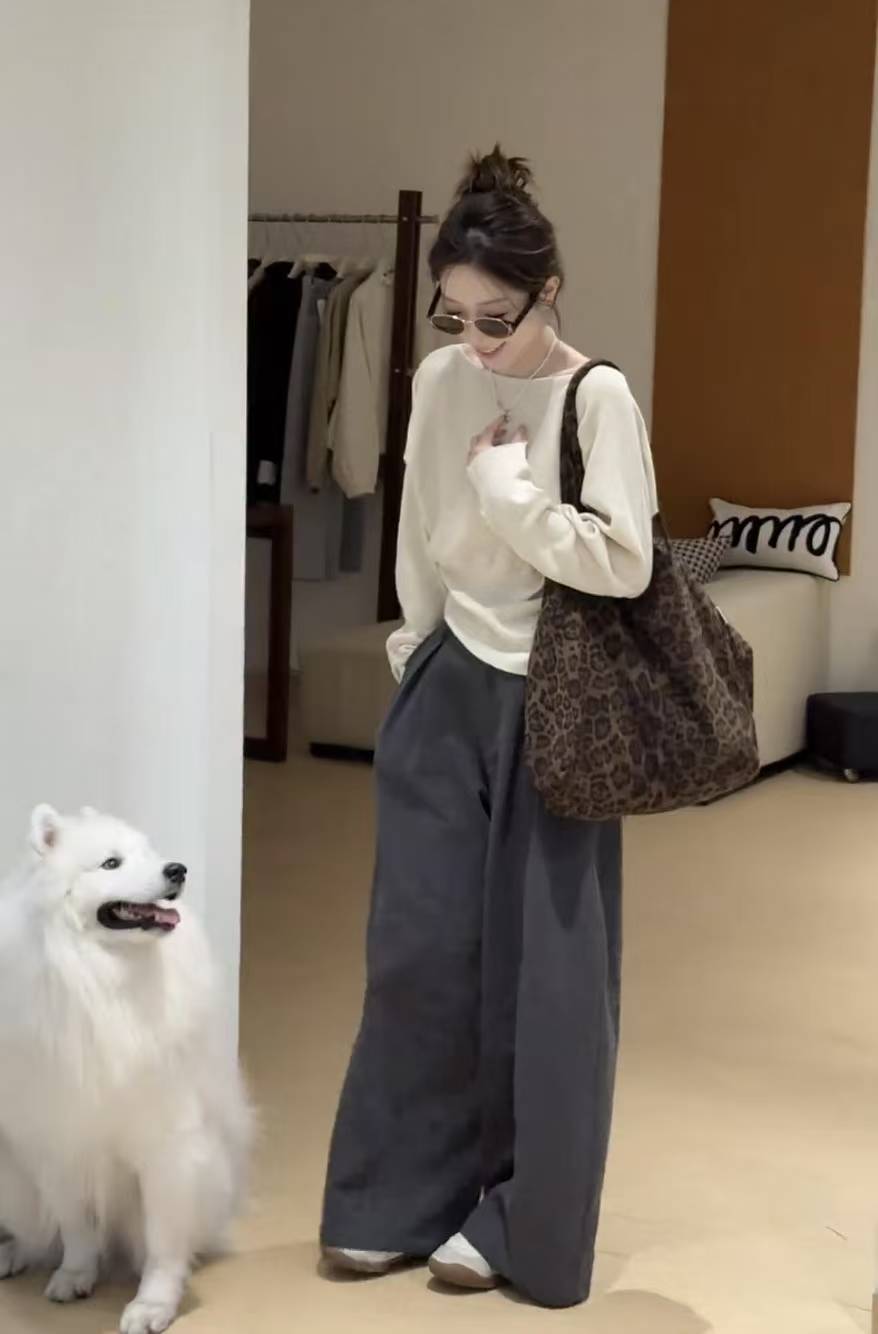 Autumn New Arrival Women's Two-Piece Knit Top and Wide-Leg Paperbag Pants Set - Casual Slimming Outfit