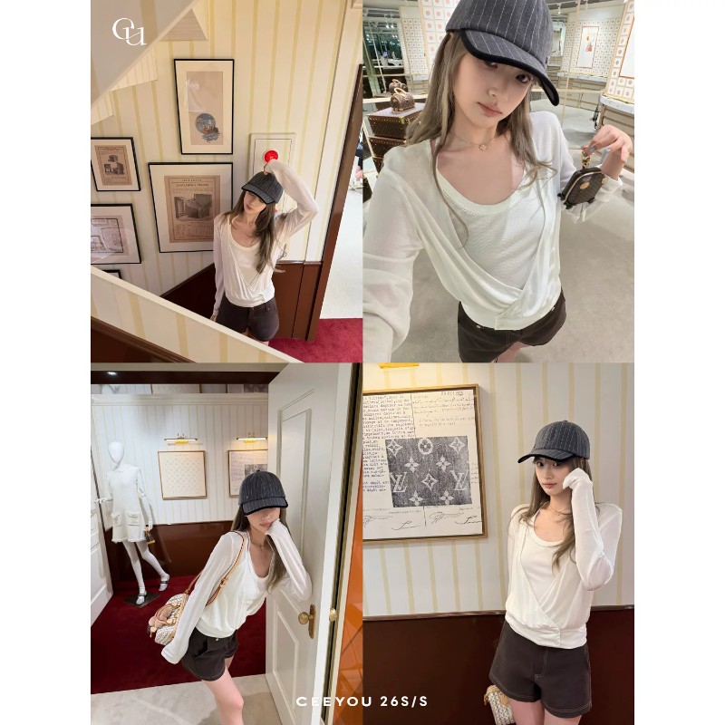 CEEYOU Tencel Diagonal Placket Sun Protection Smock Lace Camisole