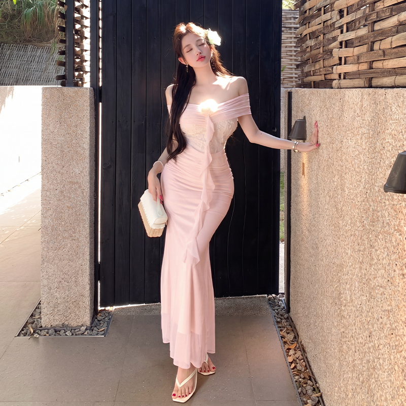 French Pure Desire Off-Shoulder Lace Mesh Bodycon Mermaid Long Dress for Women