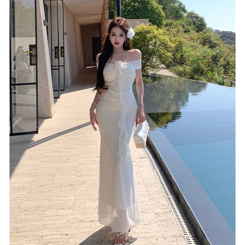 French Pure Desire Off-Shoulder Lace Mesh Bodycon Mermaid Long Dress for Women - Image 2