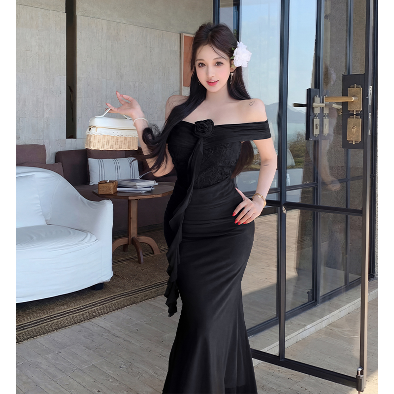 French Pure Desire Off-Shoulder Lace Mesh Bodycon Mermaid Long Dress for Women - Image 3