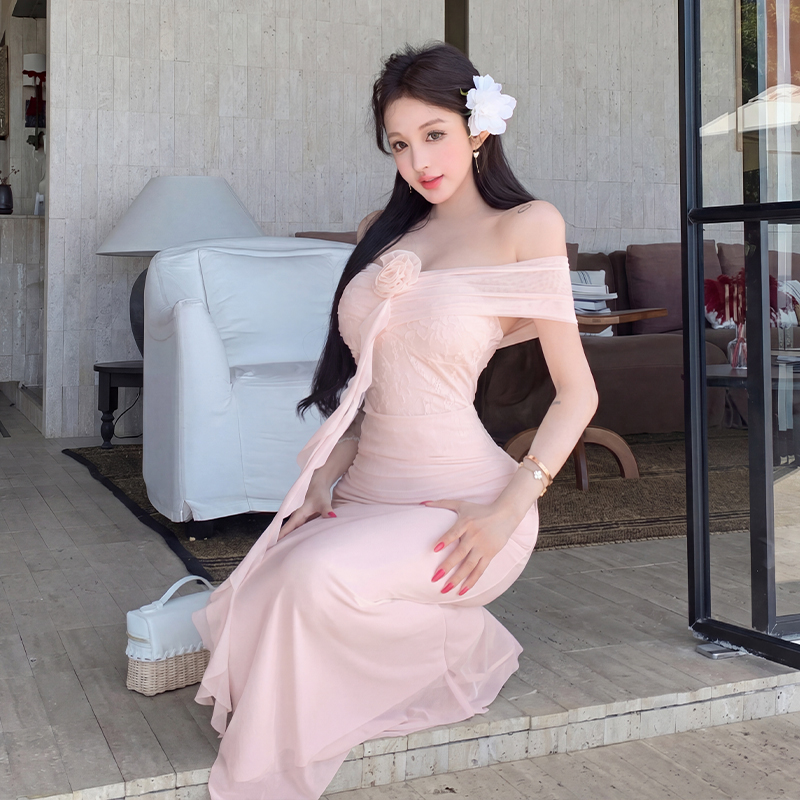 French Pure Desire Off-Shoulder Lace Mesh Bodycon Mermaid Long Dress for Women - Image 4