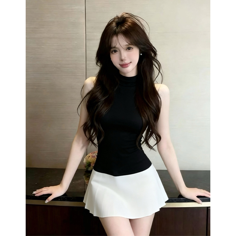 French Style Black and White Color Block Sleeveless Knit Bodycon Dress for Women
