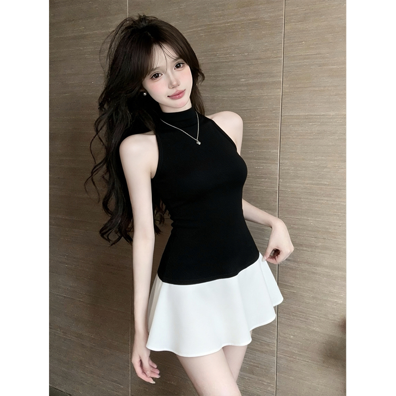 French Style Black and White Color Block Sleeveless Knit Bodycon Dress for Women - Image 4