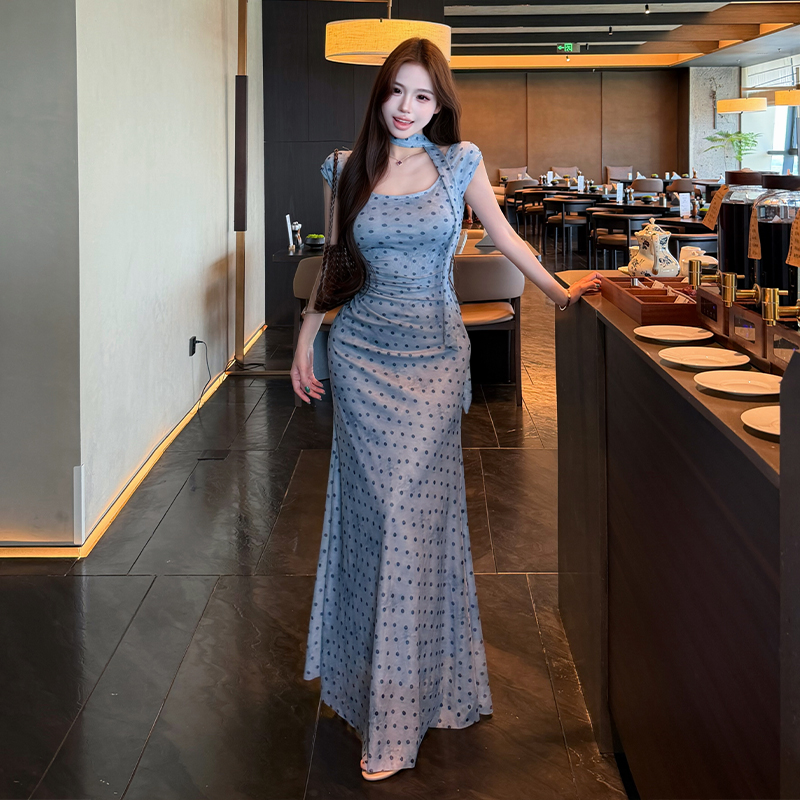 French Style Polka Dot Halter Neck Dress Women Summer Blue Waist Cinched Slim Fit Bodycon Mermaid Long Dress