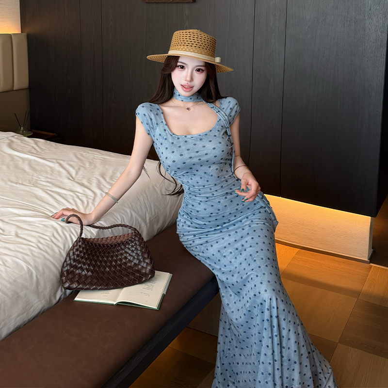 French Style Polka Dot Halter Neck Dress Women Summer Blue Waist Cinched Slim Fit Bodycon Mermaid Long Dress - Image 2