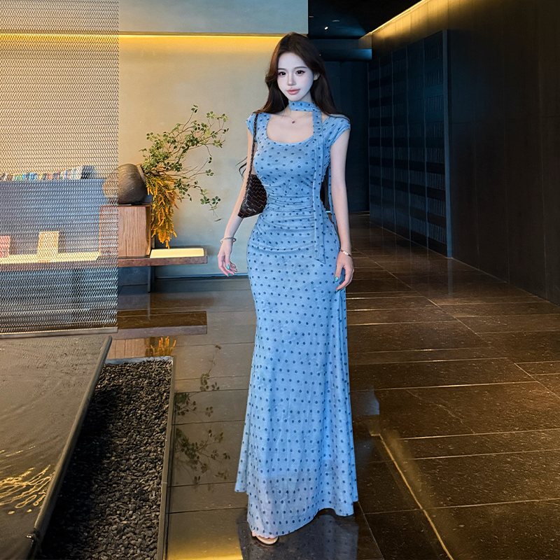 French Style Polka Dot Halter Neck Dress Women Summer Blue Waist Cinched Slim Fit Bodycon Mermaid Long Dress - Image 3