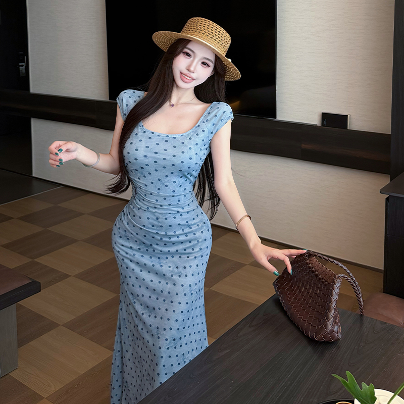 French Style Polka Dot Halter Neck Dress Women Summer Blue Waist Cinched Slim Fit Bodycon Mermaid Long Dress - Image 4
