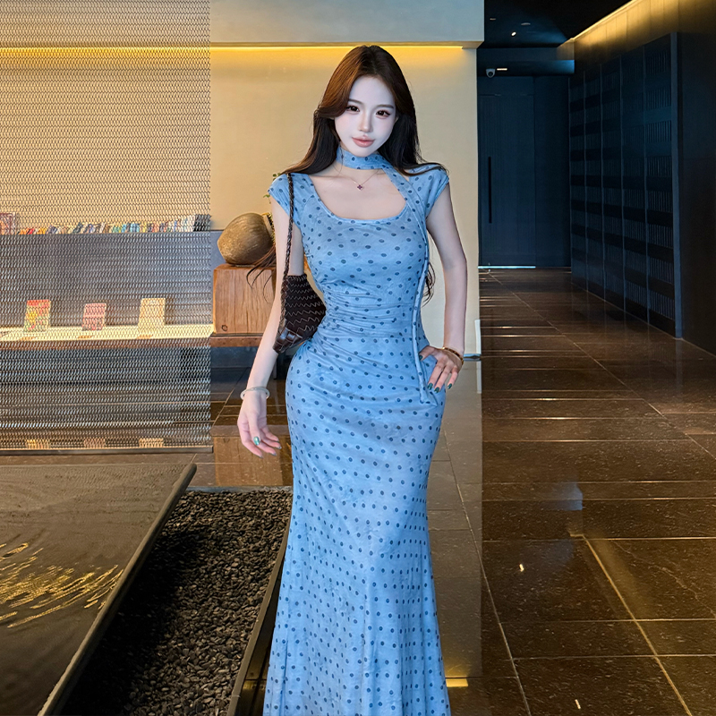 French Style Polka Dot Halter Neck Dress Women Summer Blue Waist Cinched Slim Fit Bodycon Mermaid Long Dress - Image 5