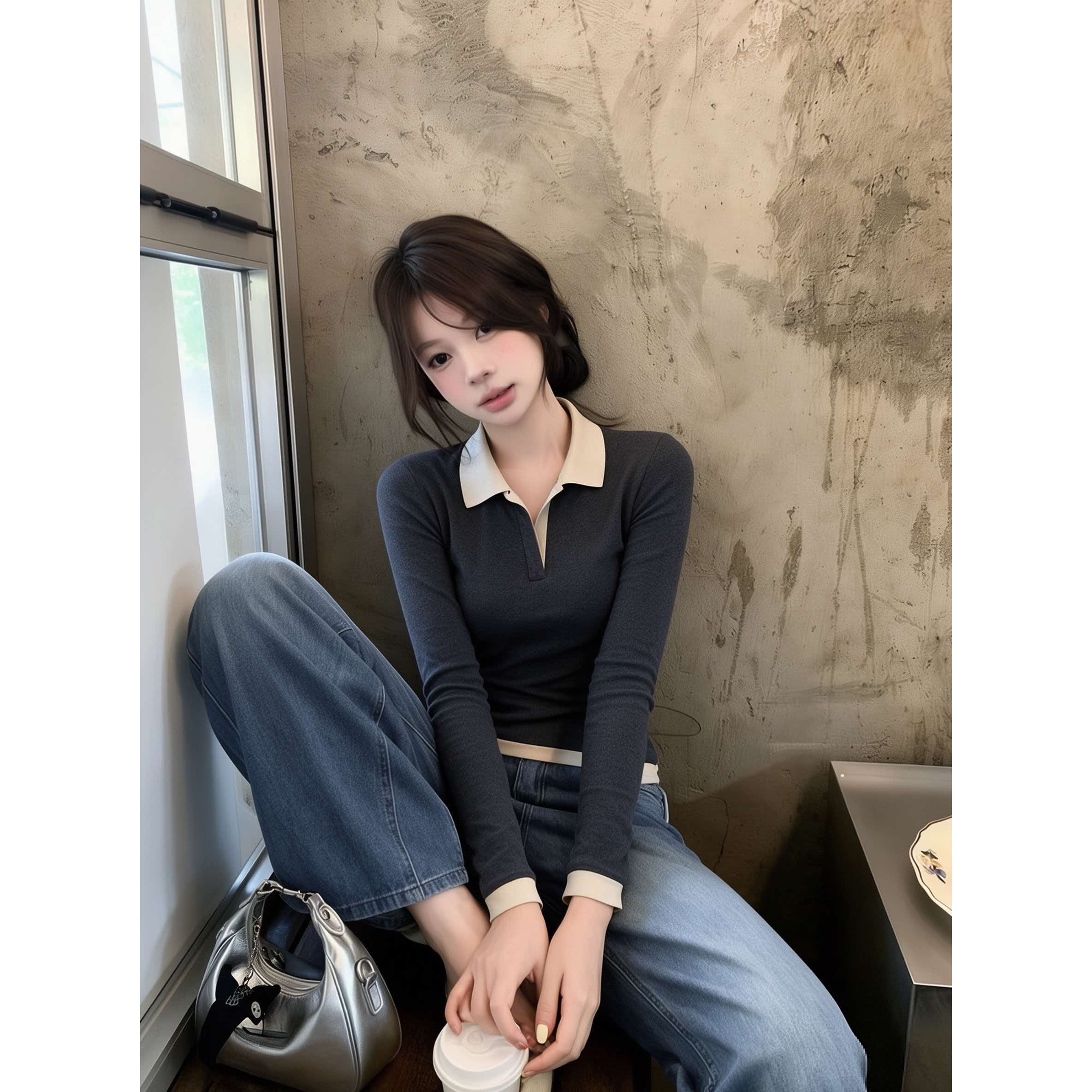 Gray Paneled Lapel Knit Sweater Women 2026 Early Autumn Slim Fit Pullover Korean Style - Image 2