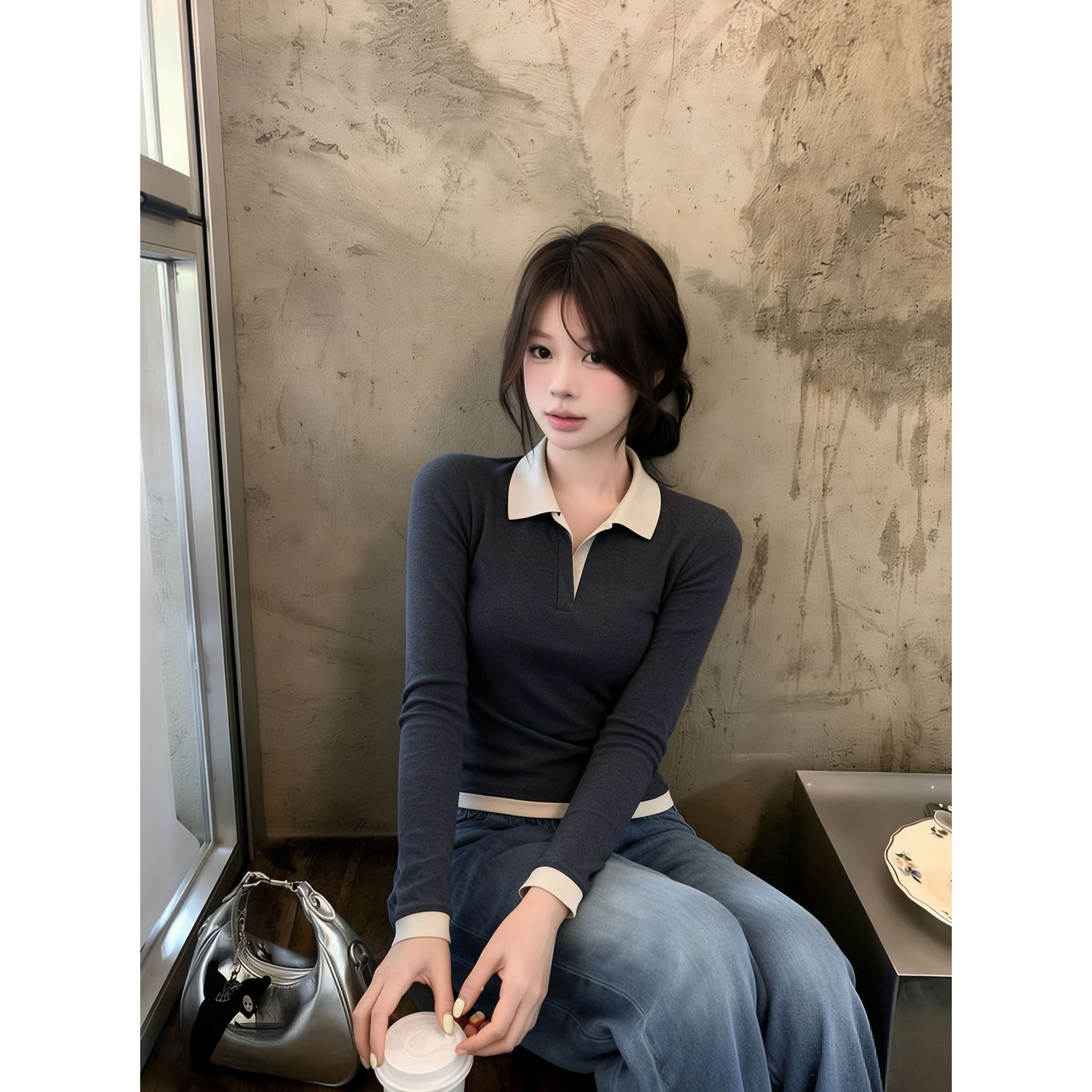 Gray Paneled Lapel Knit Sweater Women 2026 Early Autumn Slim Fit Pullover Korean Style - Image 3
