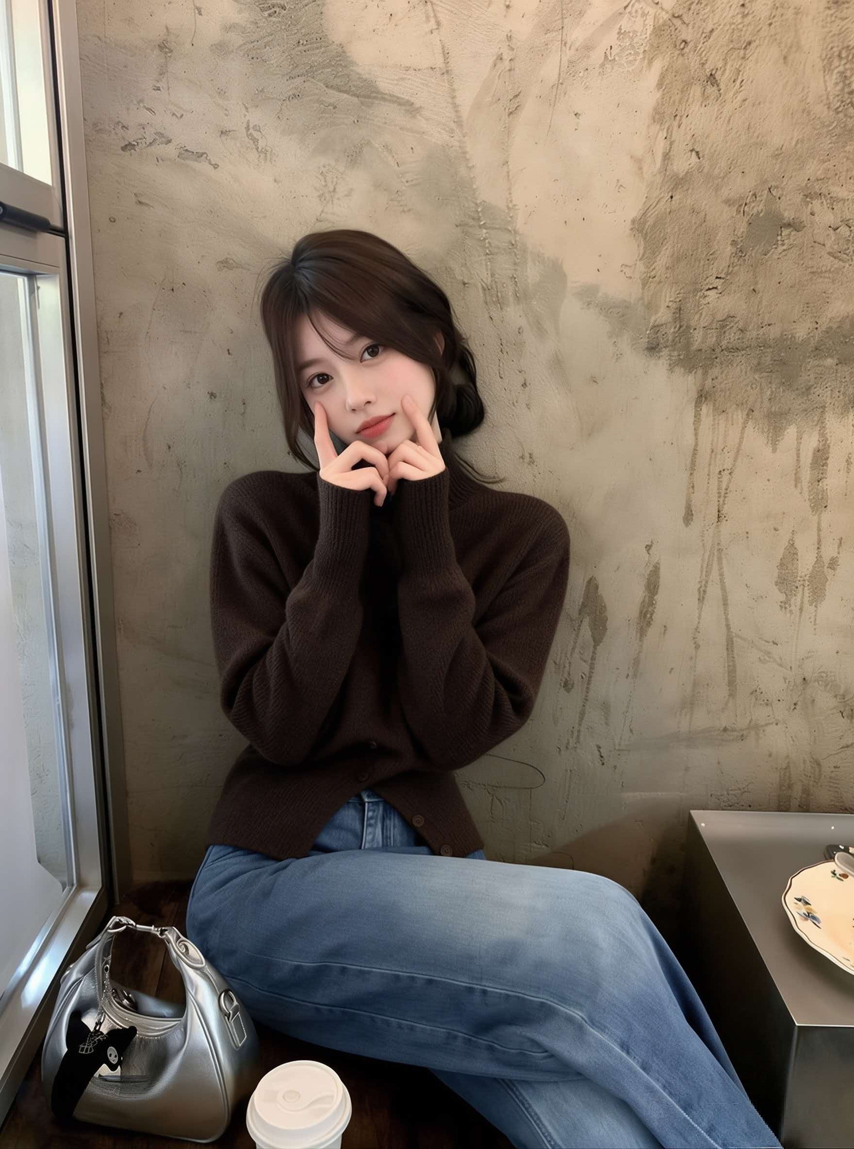 High Neck Brown Waist-Cinched Button Design Knit Sweater Women's Early Autumn Unique 2026 New