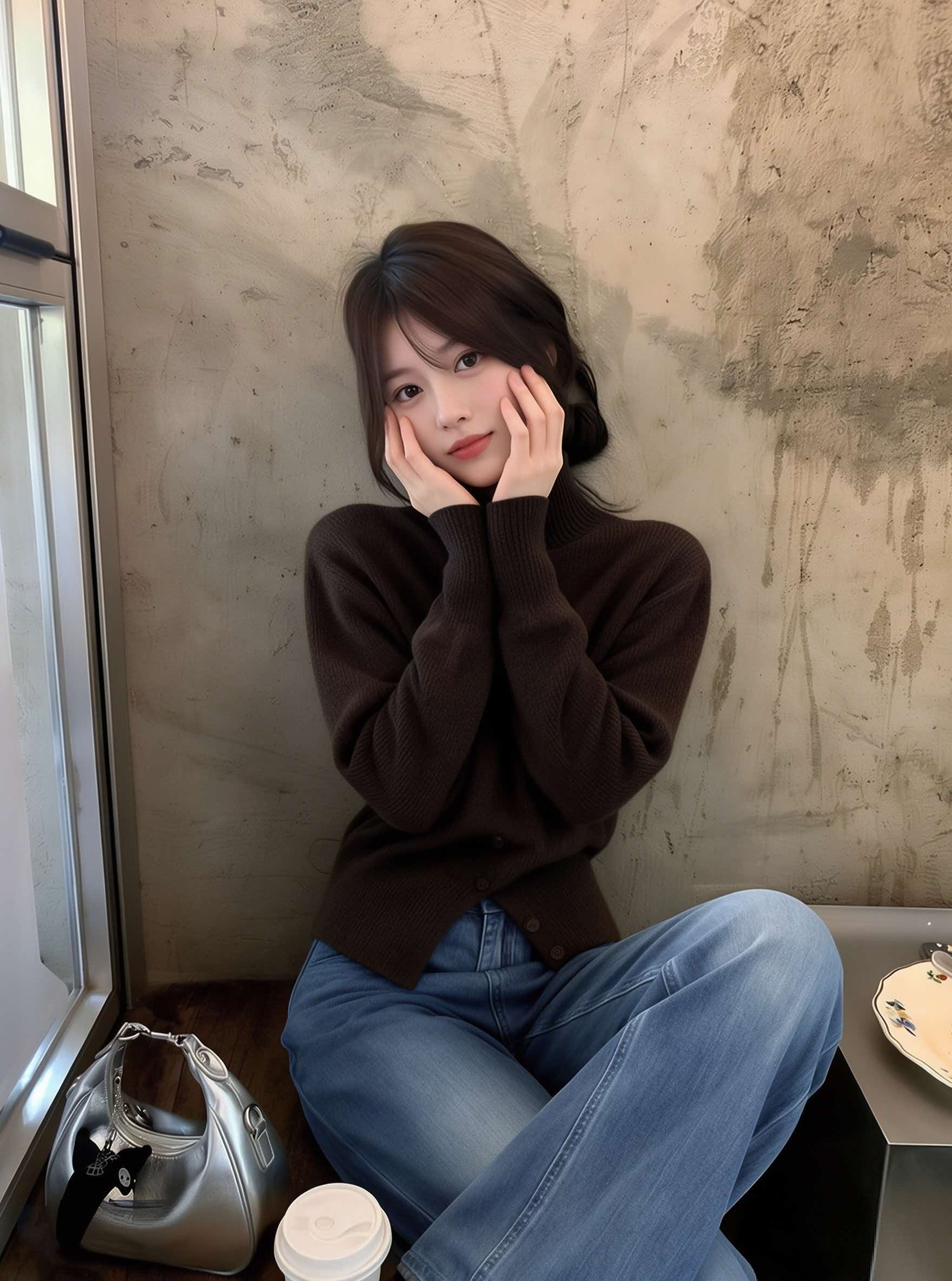 High Neck Brown Waist-Cinched Button Design Knit Sweater Women's Early Autumn Unique 2026 New - Image 3
