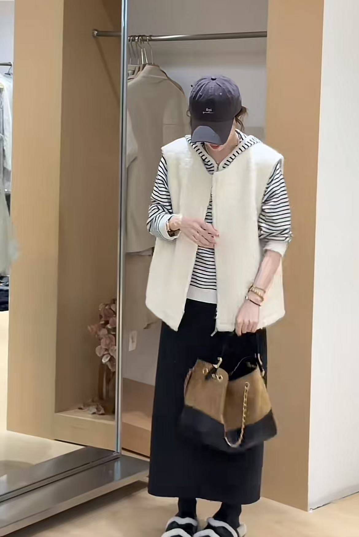 Korean Style Lambswool Vest Striped Hooded Sweater and Skirt Three-Piece Set