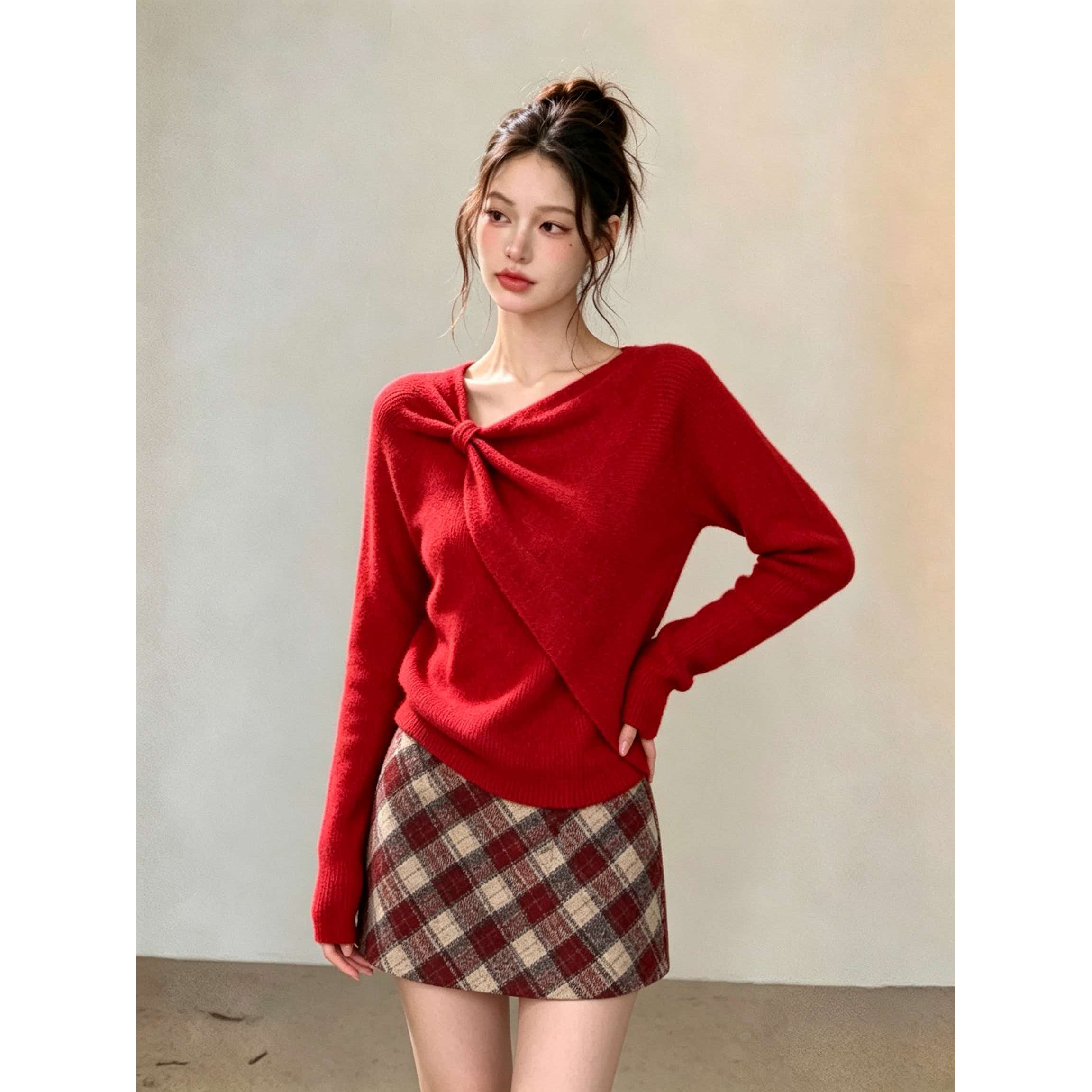 Red Bow Knit Sweater for Women 2025 Winter Elegant Pullover Top