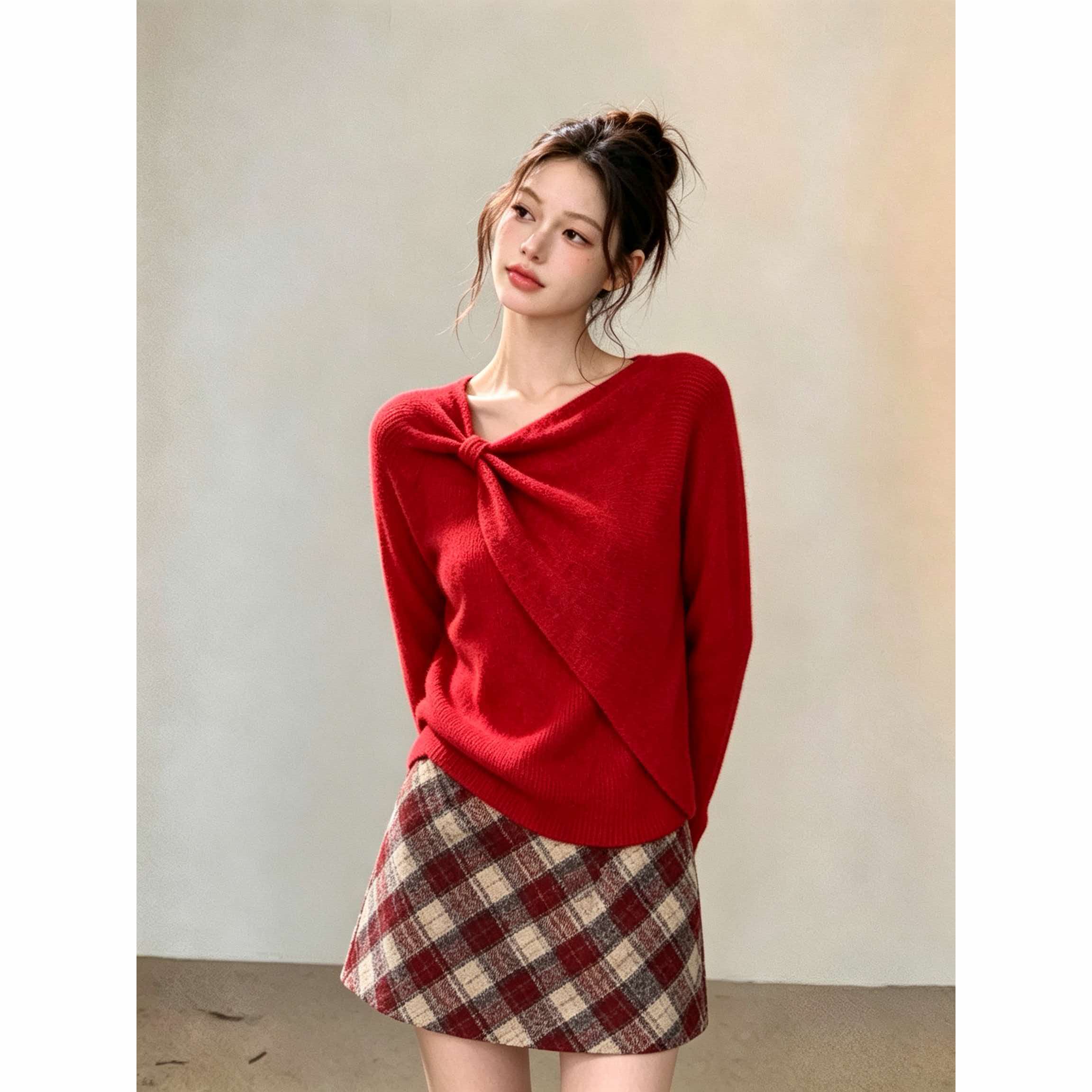 Red Bow Knit Sweater for Women 2025 Winter Elegant Pullover Top - Image 2