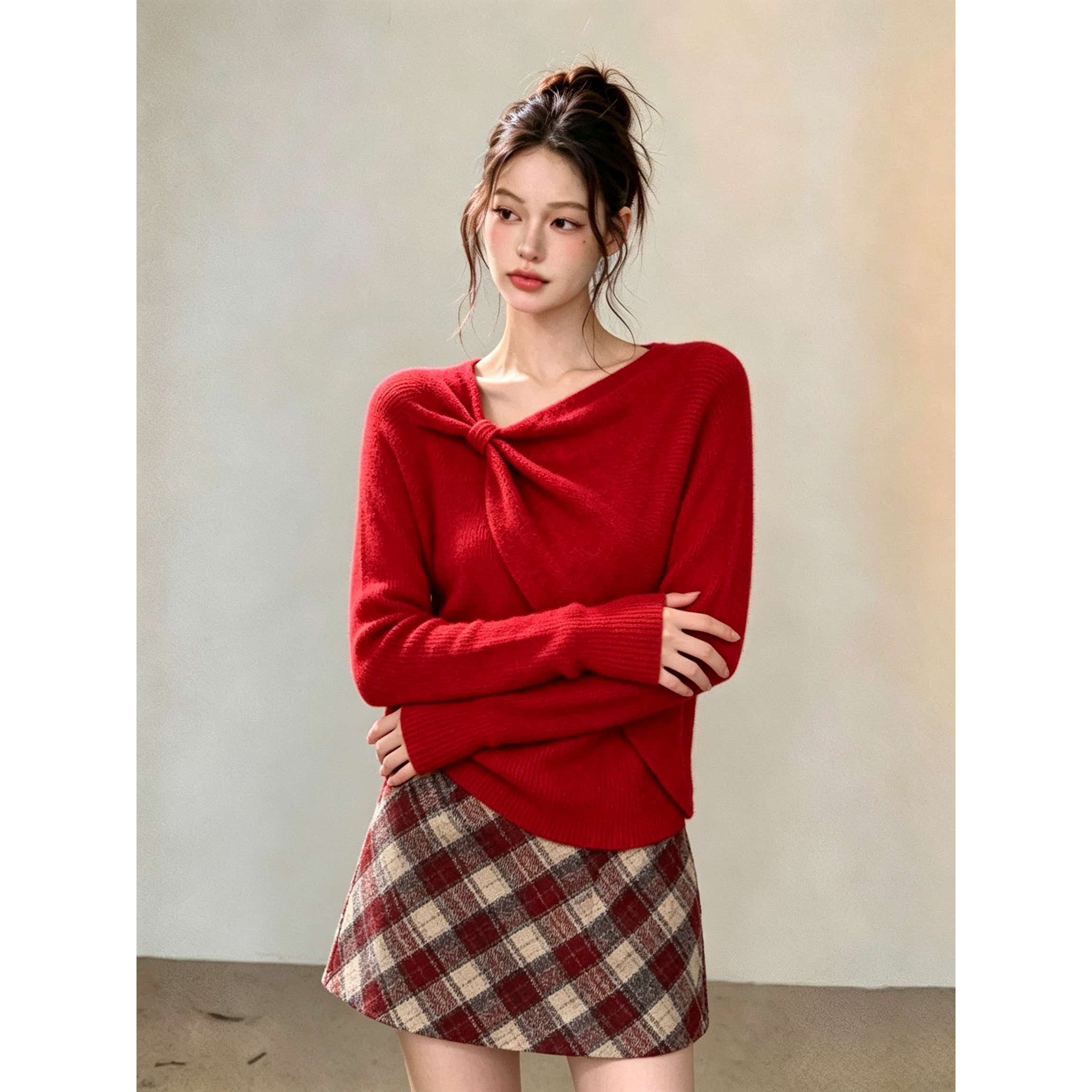 Red Bow Knit Sweater for Women 2025 Winter Elegant Pullover Top - Image 3
