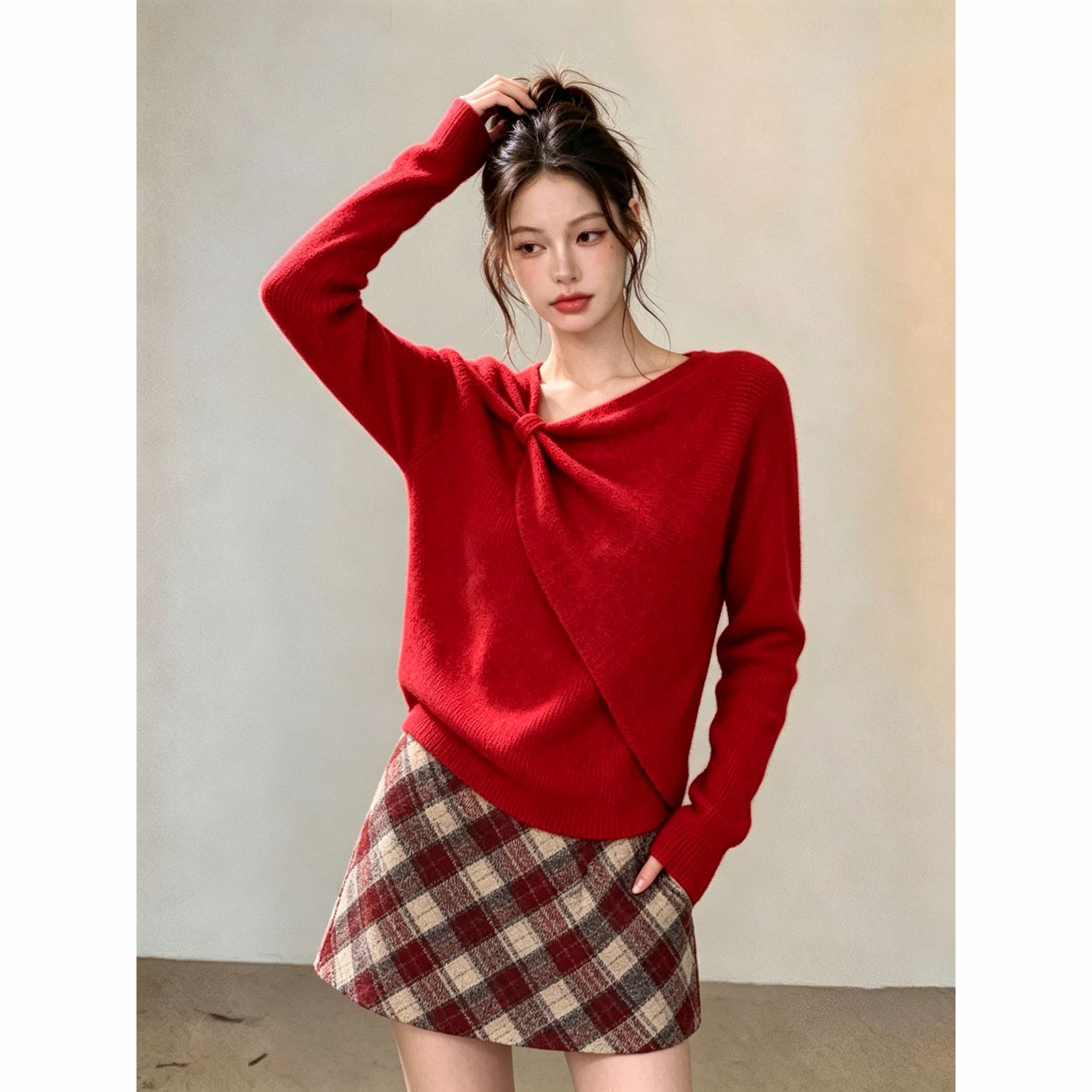 Red Bow Knit Sweater for Women 2025 Winter Elegant Pullover Top - Image 4