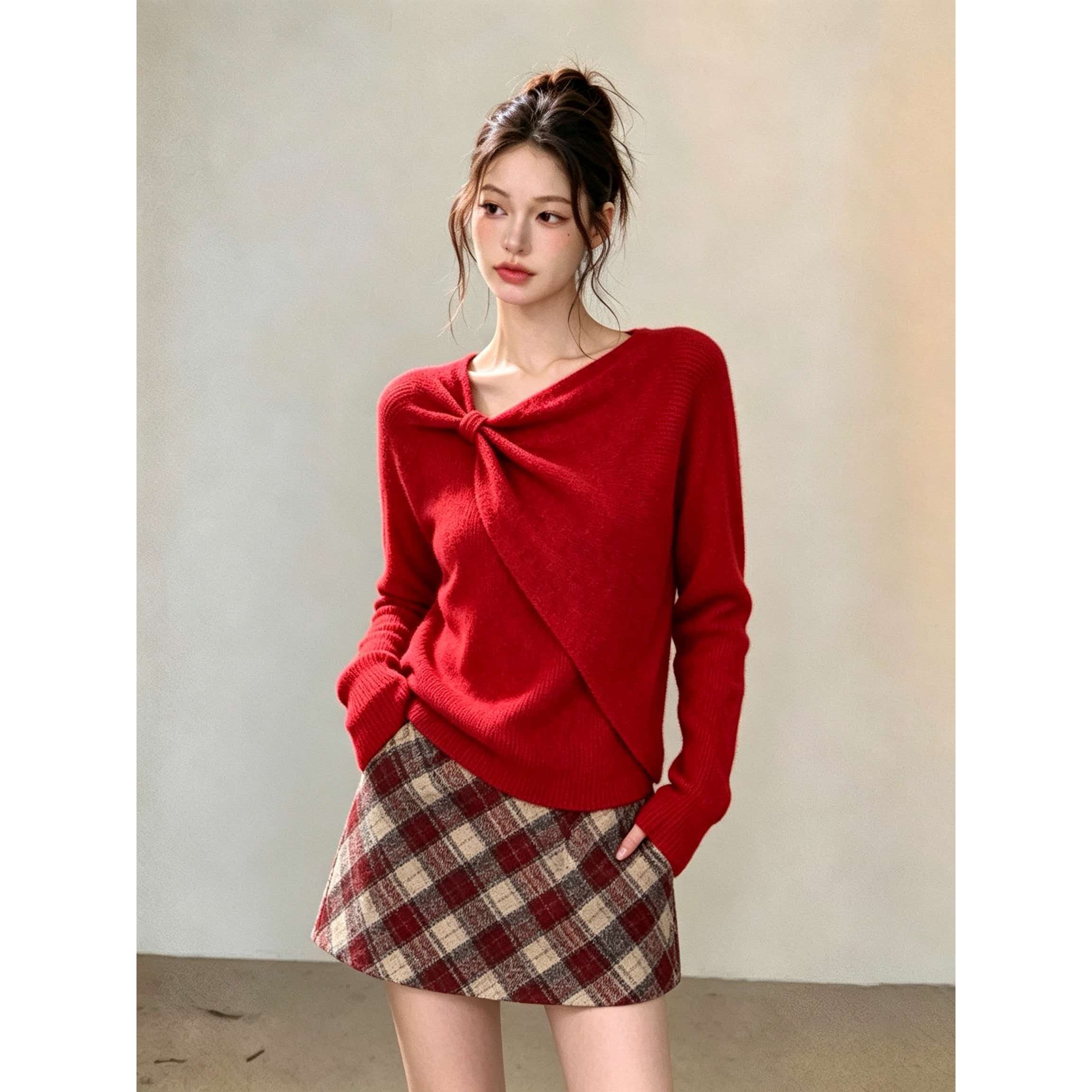 Red Bow Knit Sweater for Women 2025 Winter Elegant Pullover Top - Image 5