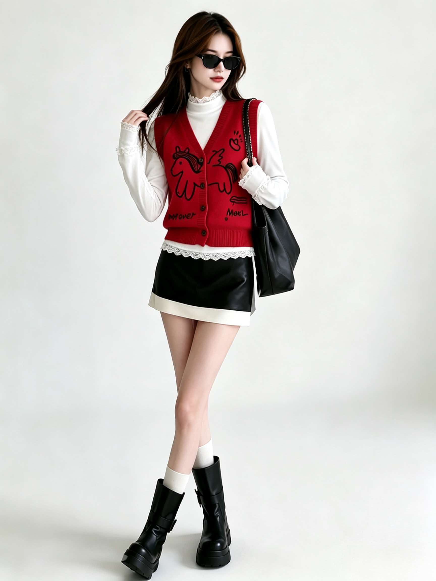 Red V-Neck Loose Knit Vest Cardigan Women 2026 Early Autumn Commute Outfit