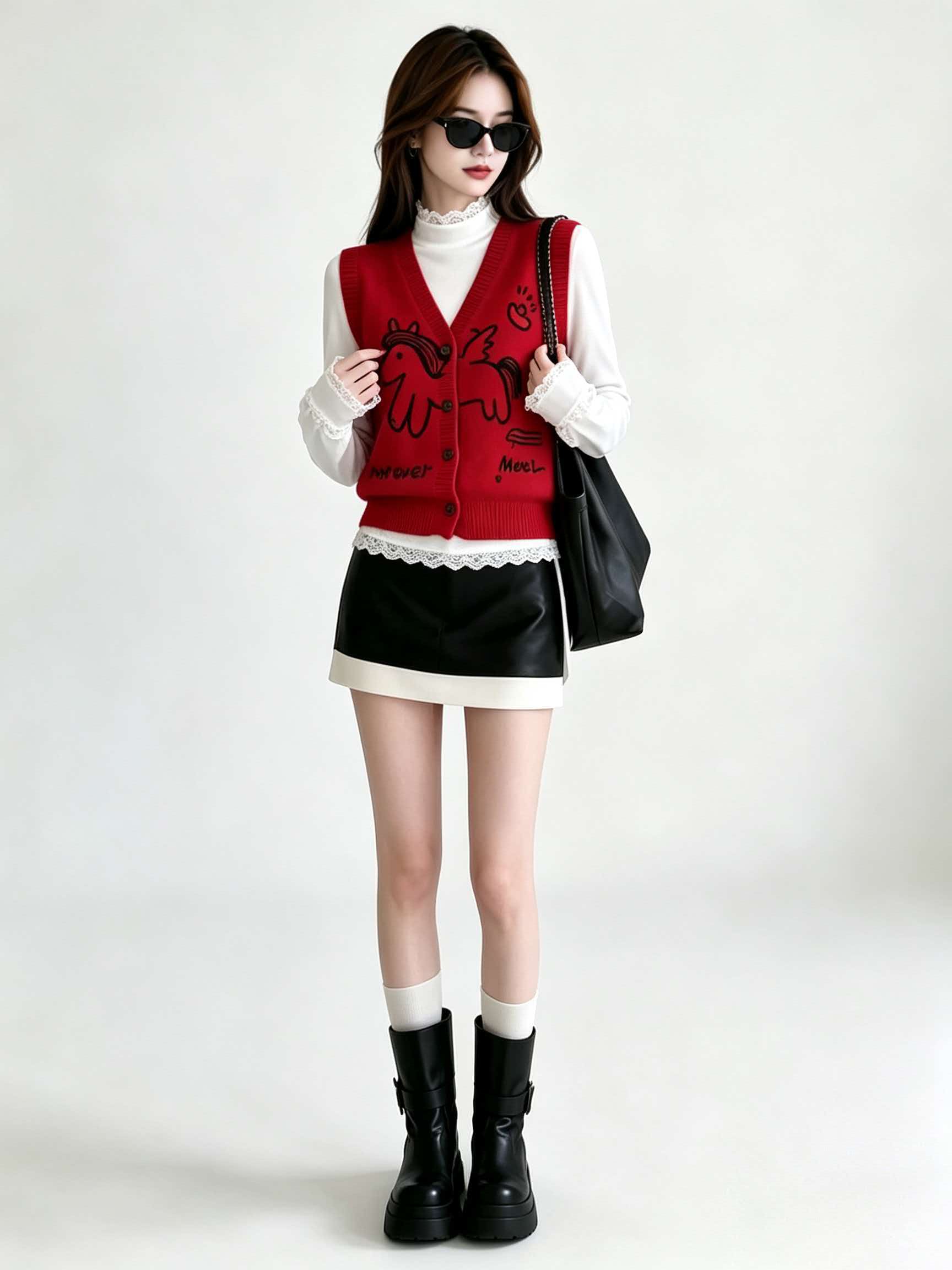 Red V-Neck Loose Knit Vest Cardigan Women 2026 Early Autumn Commute Outfit - Image 2