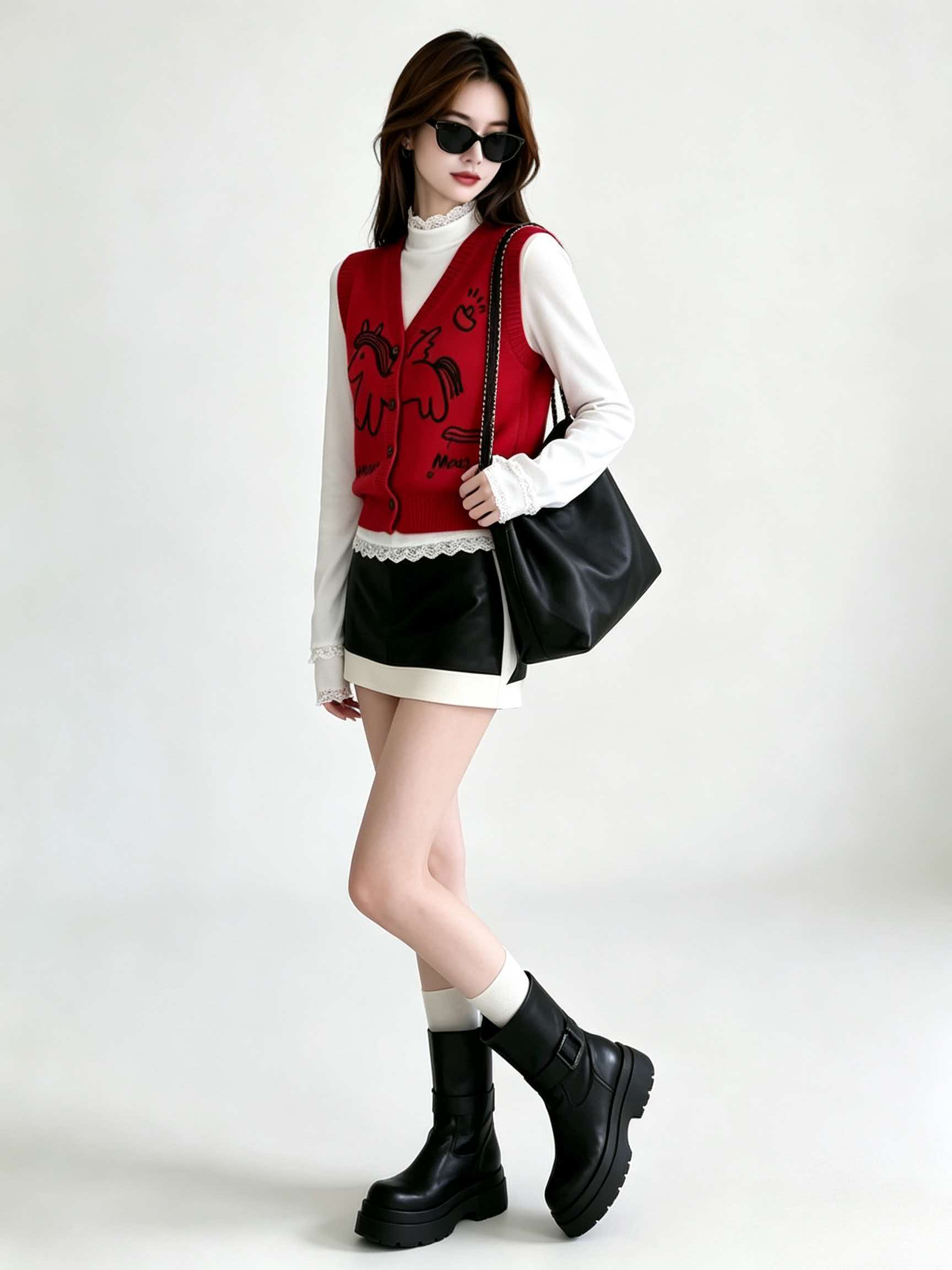 Red V-Neck Loose Knit Vest Cardigan Women 2026 Early Autumn Commute Outfit - Image 3