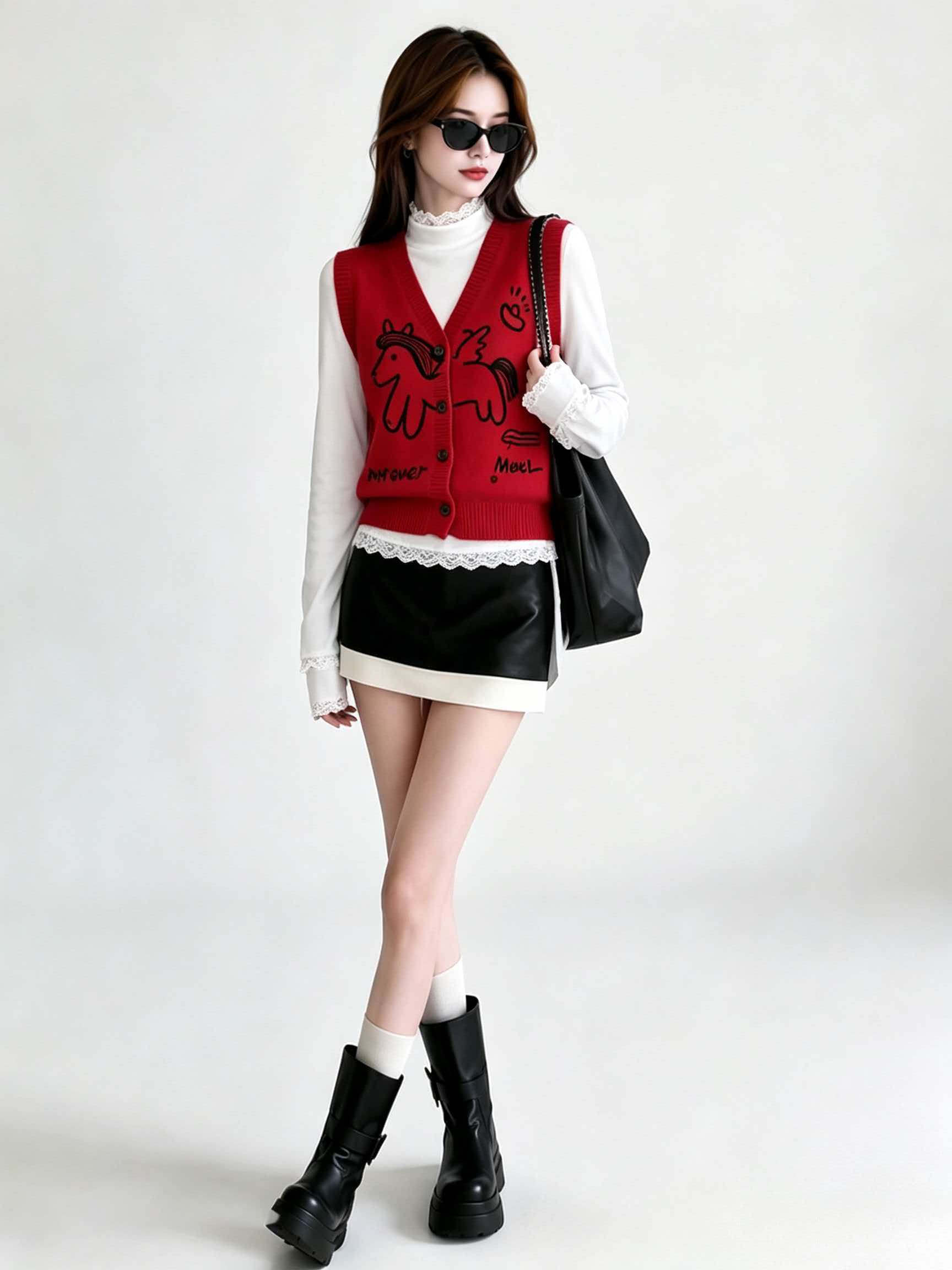 Red V-Neck Loose Knit Vest Cardigan Women 2026 Early Autumn Commute Outfit - Image 4