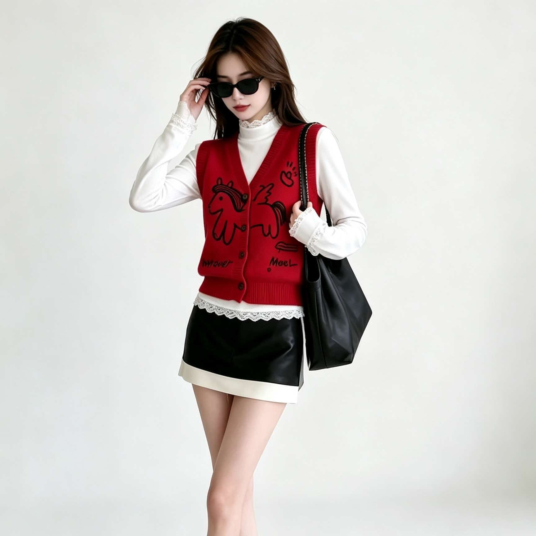 Red V-Neck Loose Knit Vest Cardigan Women 2026 Early Autumn Commute Outfit - Image 5