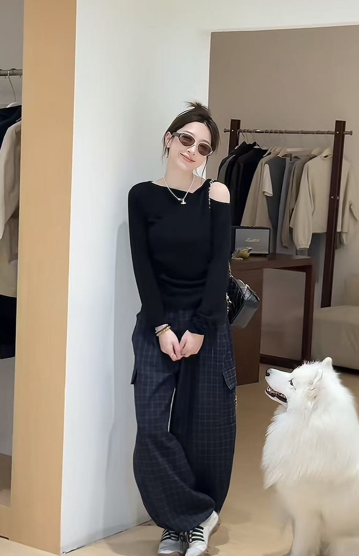 Slimming Base Top and Plaid Pants Two-Piece Set