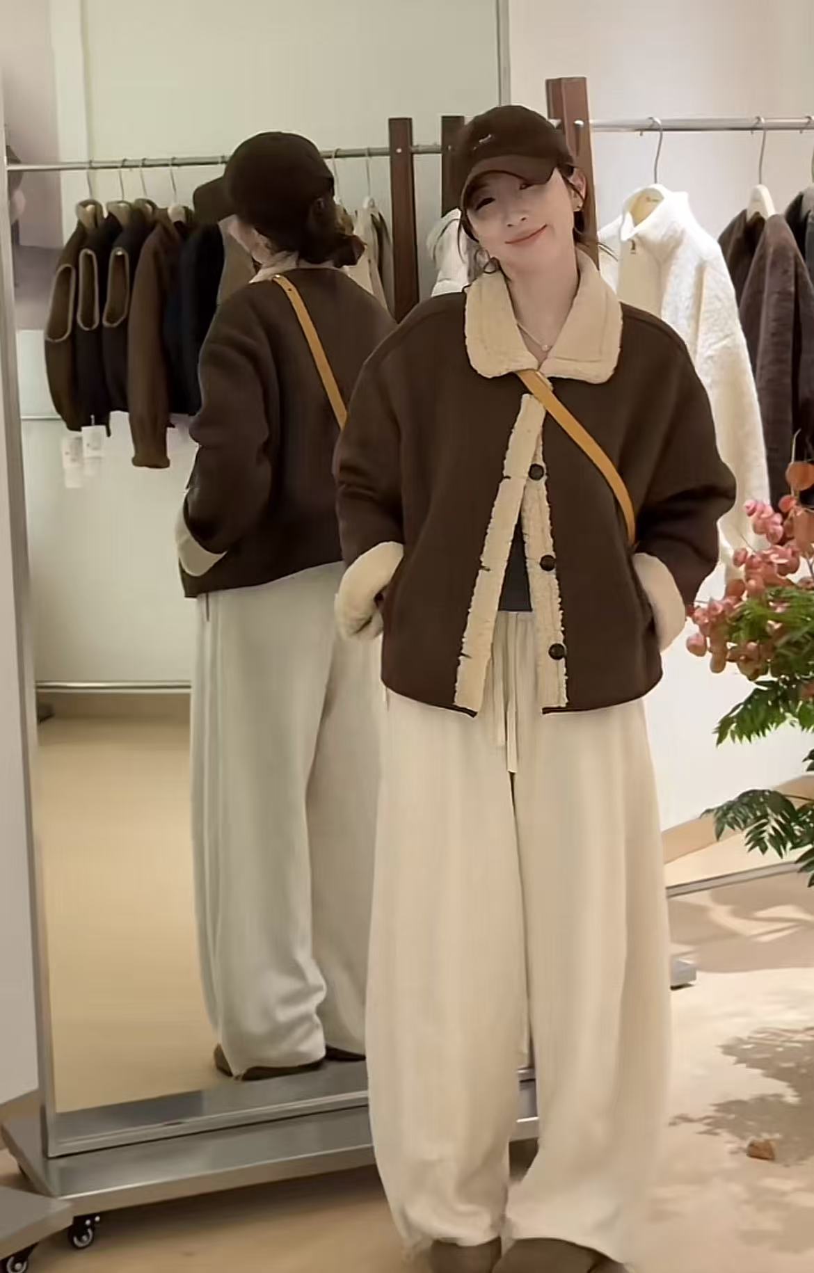 Winter Fleece Horn Button Coat and Fleece Pants Set for Women