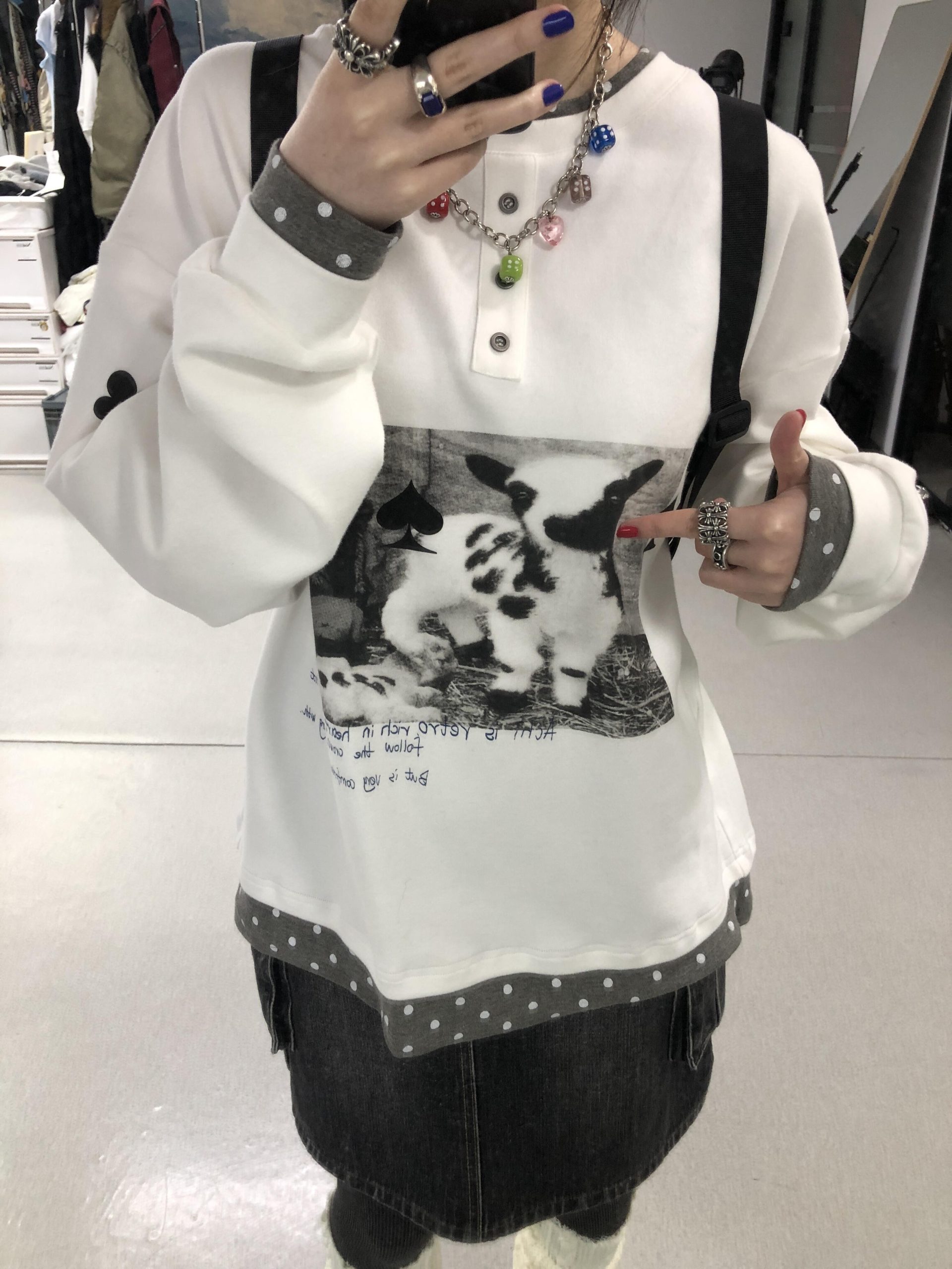 Women's Cotton Blend Long Sleeve Polo Shirt with Polka Dots and Distressed Details