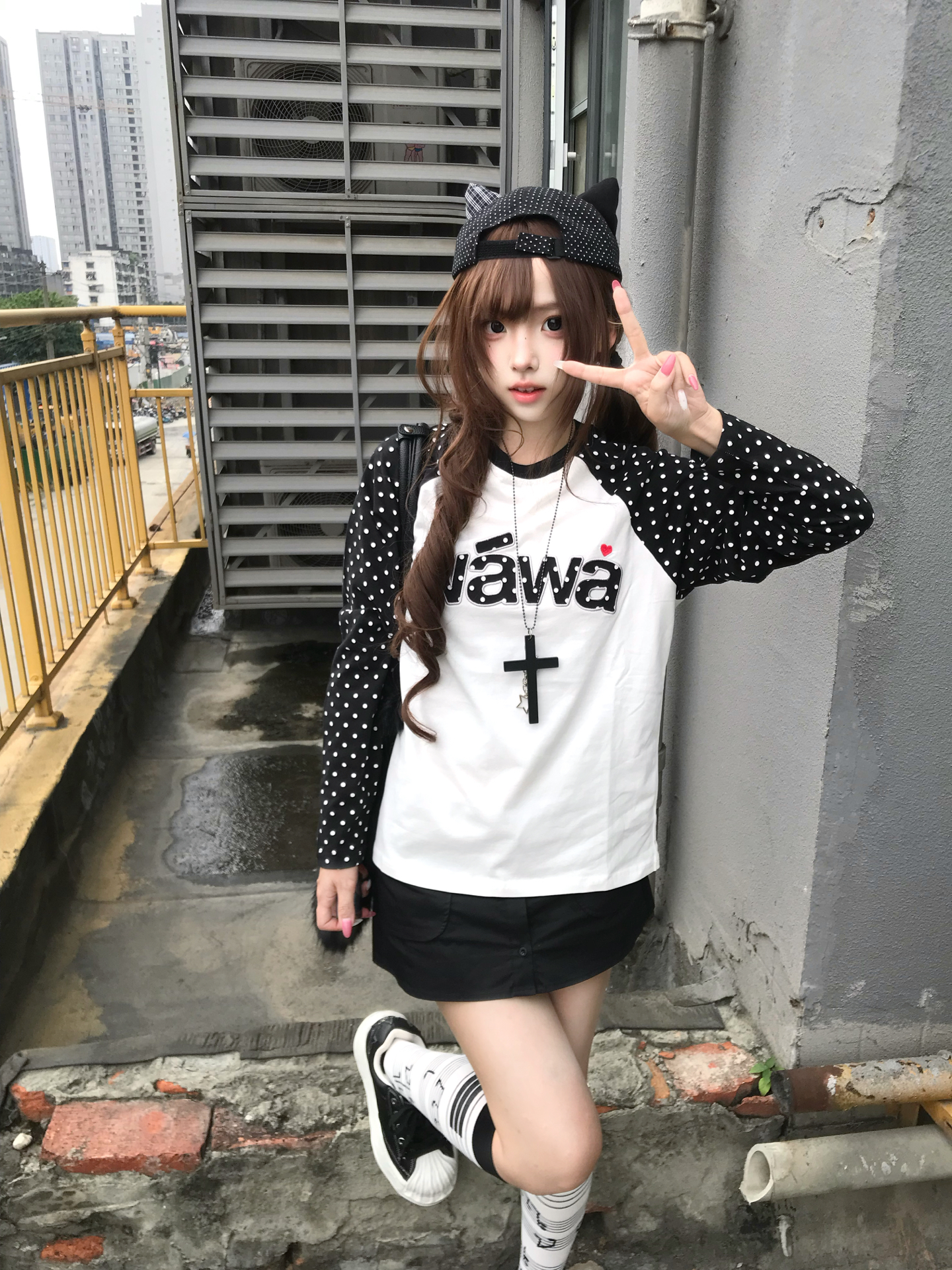 Women's Cotton Long Sleeve Polo Shirt with Embroidered Patch and Dot Pattern