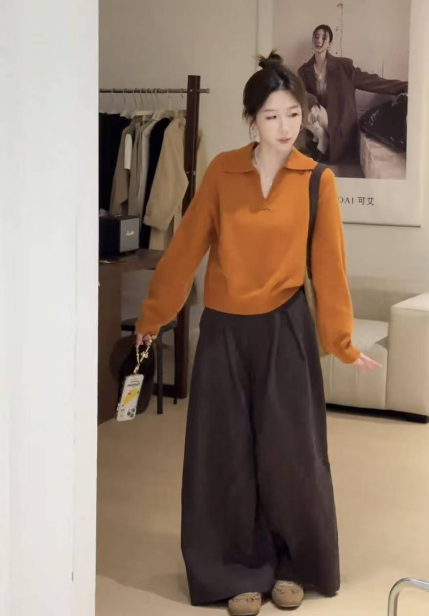 Women's Fall Casual V-Neck Sweater and Wide-Leg Pants Two-Piece Set