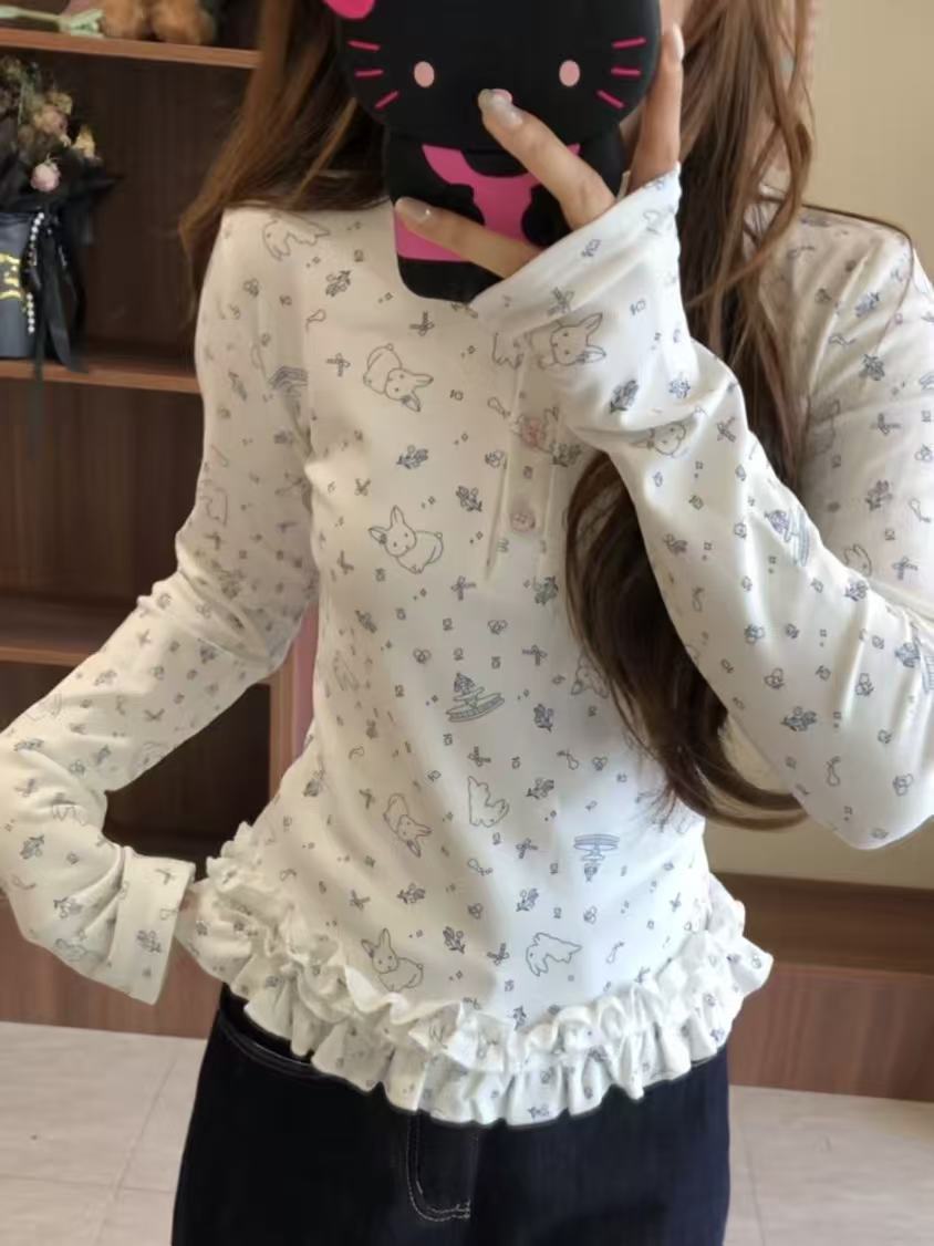 Women's Long Sleeve Polo Shirt with Dot Pattern and Frayed Cuffs