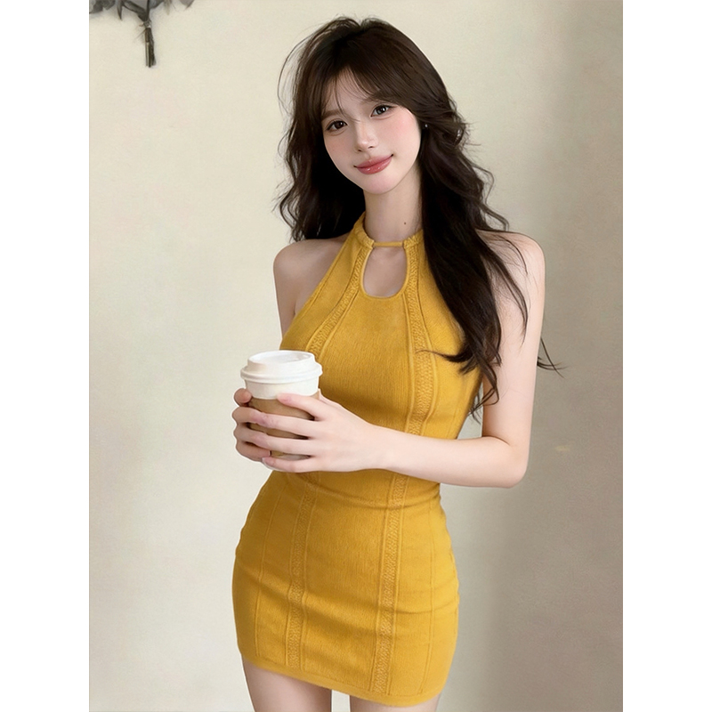 Yellow Halter Cutout Knit Bodycon Mini Dress for Women Summer 2026 - Image 4